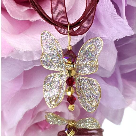 Artisan Whimsical Winged Butterfly Pendant Swarovski Red Gold Crystal Necklace - Picture 1 of 12